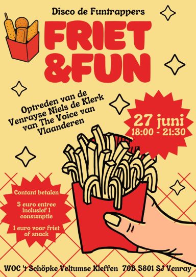 Uitnodiging voor het evenement "Friet & Fun" met een frietdoos en details over de datum.